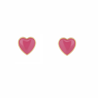 18K Solid Yellow Gold Pink Enamel Heart Post Earring