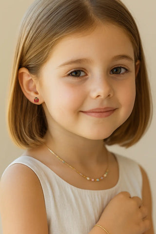 18K Solid Yellow Gold Red Enamel Lady Bug Post Earring