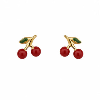 18K Solid Yellow Gold Tiny Red Enamel Cherry Post Earring