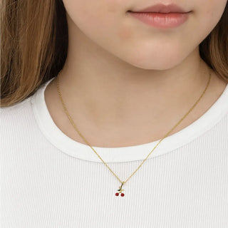18K Solid Yellow Gold Tiny Red Enamel Cherry Charm Pendant