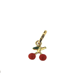 18K Solid Yellow Gold Tiny Red Enamel Cherry Charm Pendant