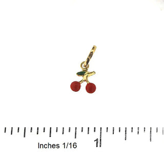 18K Solid Yellow Gold Tiny Red Enamel Cherry Charm Pendant