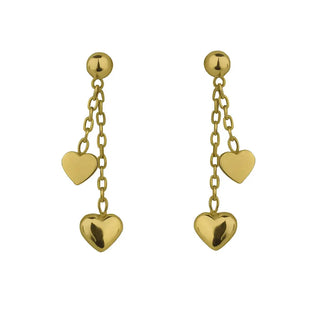 18K Solid Yellow Gold Double Heart Dangle Post Earrings