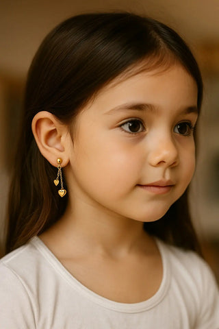 18K Solid Yellow Gold Double Heart Dangle Post Earrings