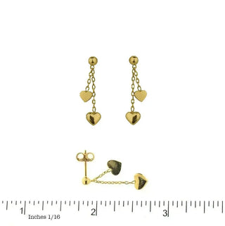 18K Solid Yellow Gold Double Heart Dangle Post Earrings