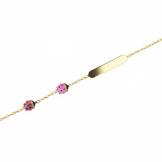 18k ठोस पीला सोना दो फुकसिया एनामेल लेडी बग आईडी कंगन