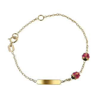 Pulseira de identificação de ouro amarelo maciço 18k com dois besouros de esmalte fúcsia