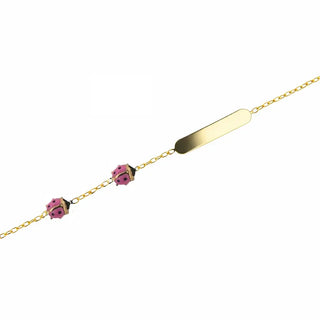 18K Solid Yellow Gold Pink Enamel Ladybug ID Bracelet
