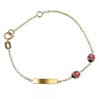 18K Solid Yellow Gold Pink Enamel Ladybug ID Bracelet