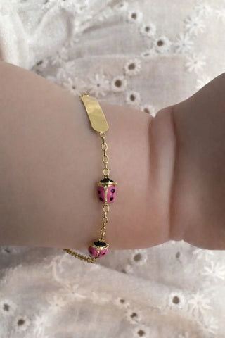 18K Solid Yellow Gold Pink Enamel Ladybug ID Bracelet
