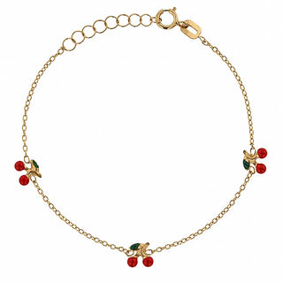 18K Solid Yellow Gold Enamel Cherry Baby and Girls Bracelet