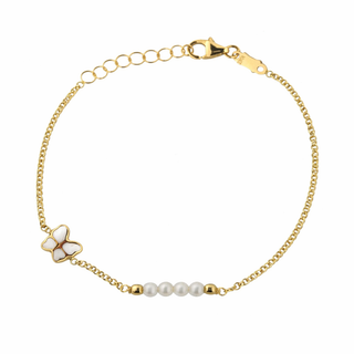 18Kゴールド ホワイトエナメル 蝶と養殖真珠のブレスレット