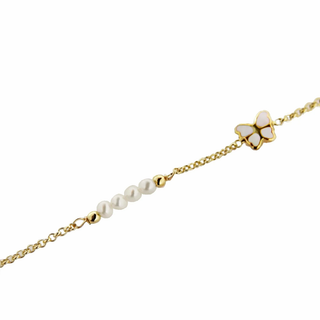 18Kゴールド ホワイトエナメル 蝶と養殖真珠のブレスレット