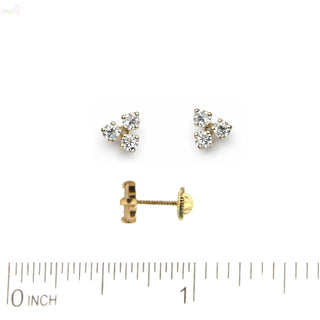 18K Yellow Gold White Zirconia Trio Stud Screwback Earrings