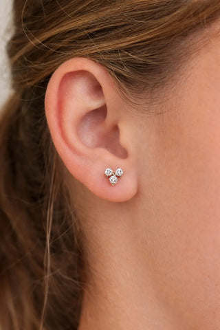 18K Yellow Gold White Zirconia Trio Stud Screwback Earrings