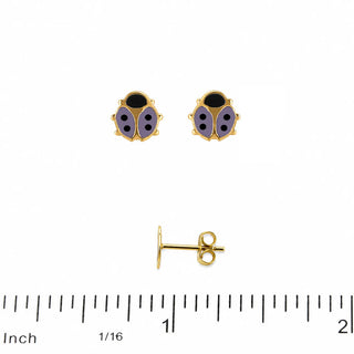18K Solid Yellow Gold Lavender Enamel Lady Bug Post Earrings