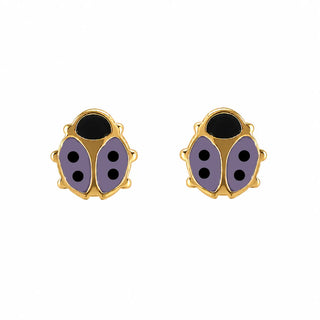 18K Solid Yellow Gold Lavender Enamel Lady Bug Post Earrings