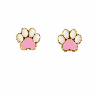 18K Solid Yellow Gold Pink Enamel Dog Paw Post Earring