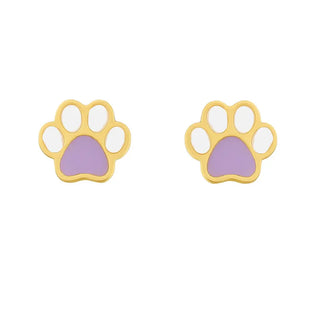18K Yellow Gold Lavander and White Enamel Dog Paw Post Earrings 