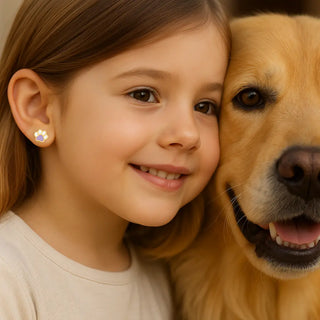 18K Yellow Gold Lavander and White Enamel Dog Paw Post Earrings 
