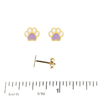18K Yellow Gold Lavander and White Enamel Dog Paw Post Earrings 