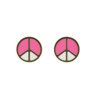 18K Solid Yellow Gold Pink Enamel Peace Sign Post Earrings