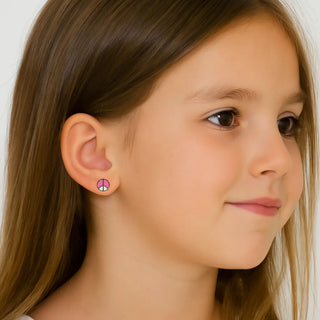 18K Solid Yellow Gold Pink Enamel Peace Sign Post Earrings