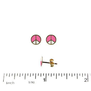 18K Solid Yellow Gold Pink Enamel Peace Sign Post Earrings