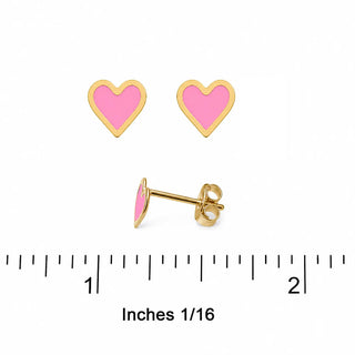 18K Solid Yellow Gold Pink Enamel Heart Post Earring 