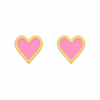 18K Solid Yellow Gold Pink Enamel Heart Post Earring 