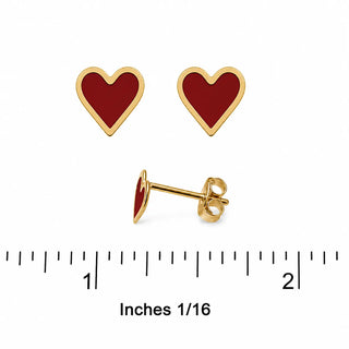 18K Solid Yellow Gold Red Enamel Heart Post Earring