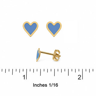 18K Solid Yellow Gold Blue Enamel Heart Post Earring