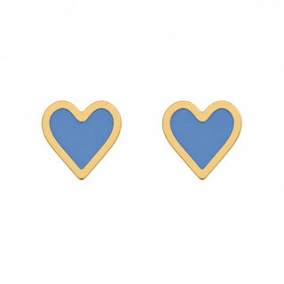 18K Solid Yellow Gold Blue Enamel Heart Post Earring