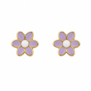 18K Solid Yellow Gold Lavender Flower Post Earrings