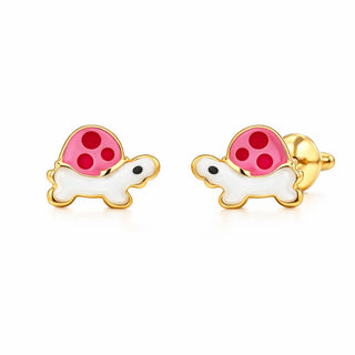 18K Solid Yellow Gold Pink and White Enamel Turtle Post Earrings