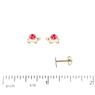 18K Solid Yellow Gold Pink and White Enamel Turtle Post Earrings