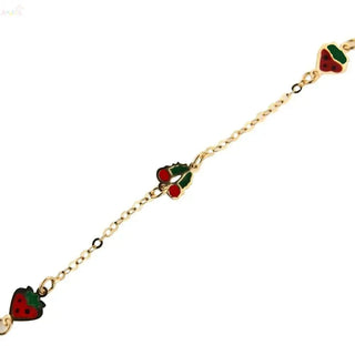 18K Solid Yellow Gold Red Cherry and Strawberry Bracelet