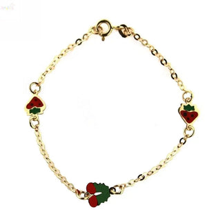 18K Solid Yellow Gold Red Cherry and Strawberry Bracelet