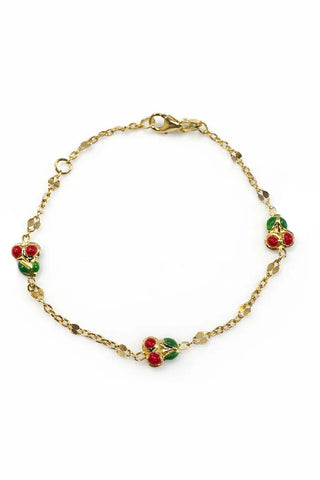 18K Solid Yellow Gold Red Enamel Cherry Bracelet for Girls
