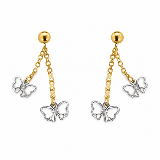 18K Solid Two Tone Double Open Butterfly Dangle Earrings