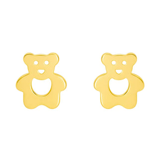 18K Solid Yellow Gold Open Heart Small Teddy Bear Earrings