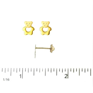 18K Solid Yellow Gold Open Heart Small Teddy Bear Earrings