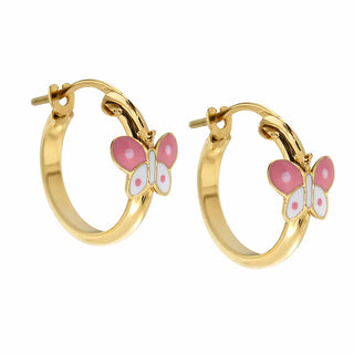 18k Yellow Gold Pink Enamel Butterfly Hoop Earrings