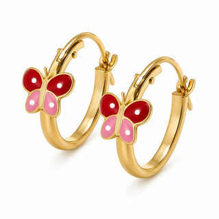 18k Yellow Gold Pink Enamel Butterfly Hoop Earrings