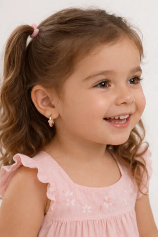 18k Solid Yellow Gold Pink Enamel Heart Hoop Earrings