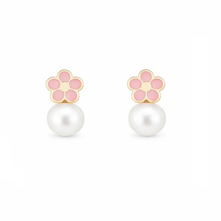 18k Gold Pearl and Pink Enamel Flower Screwback Earrings