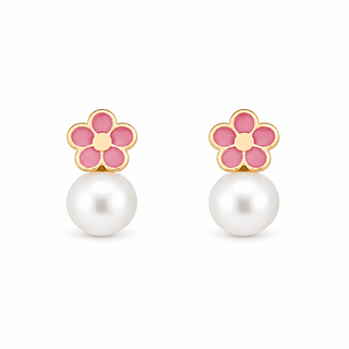 18k Gold Pearl and Pink Enamel Flower Screwback Earrings