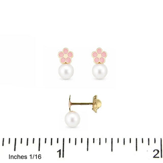 18k Gold Pearl and Pink Enamel Flower Screwback Earrings