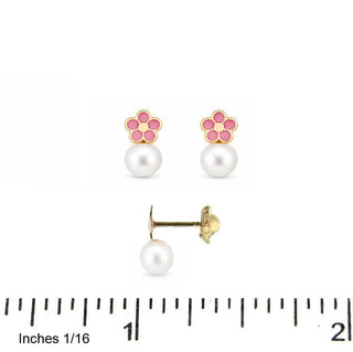 18k Gold Pearl and Pink Enamel Flower Screwback Earrings