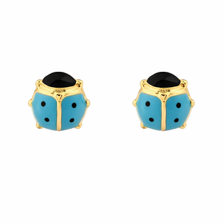 18K Solid Yellow Gold Blue Enamel Lady Bug Post Earring